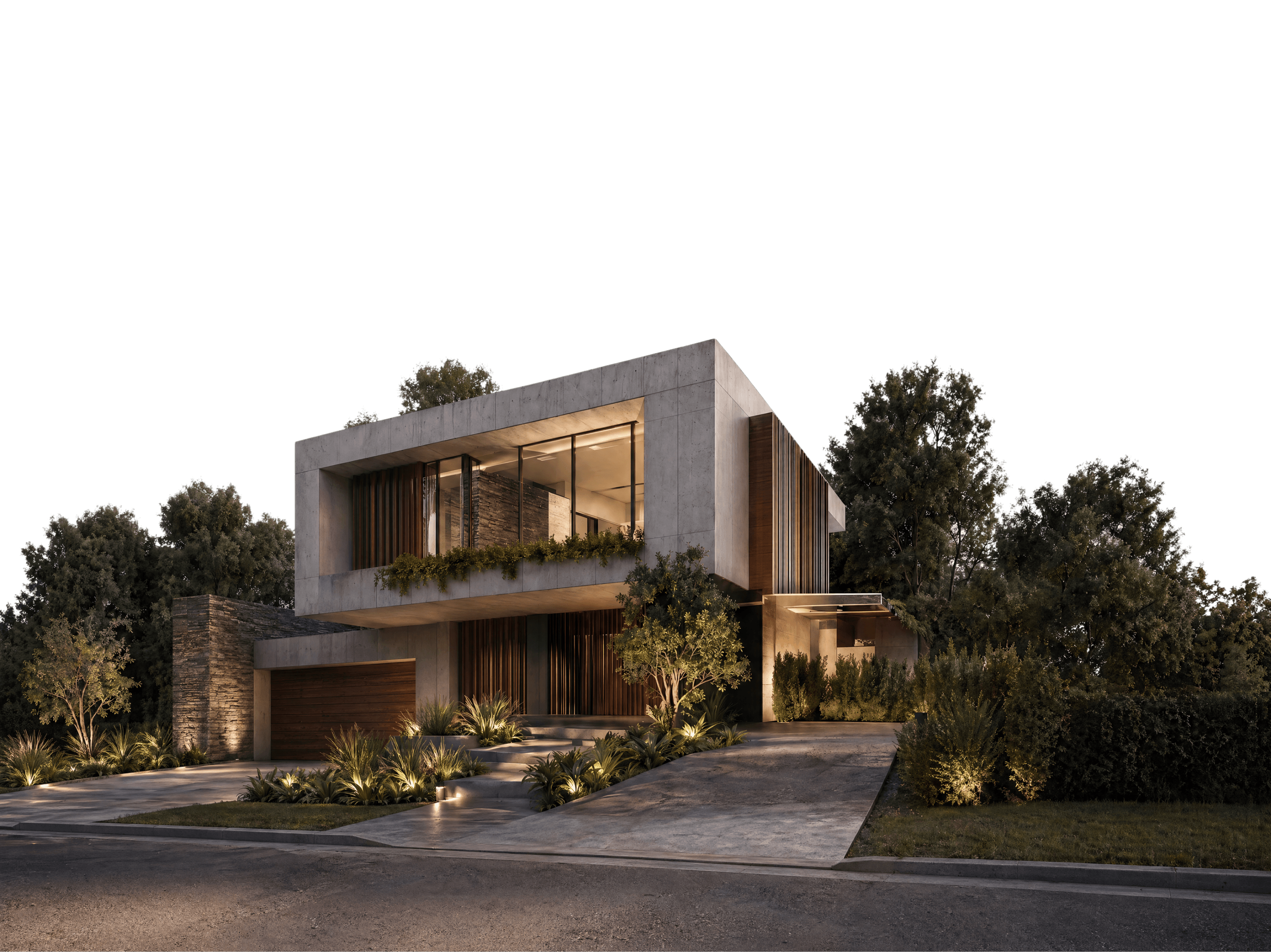 Modern architectural home — concrete and wood facade at twilight